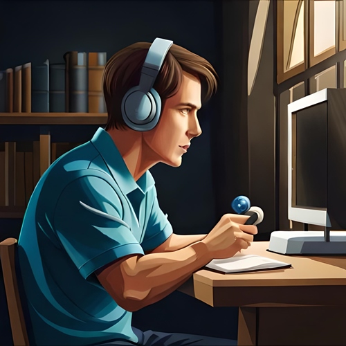 Ein Gamer hinter seinem Computer mit aufgesetztem Headset ohne sein Zimmer